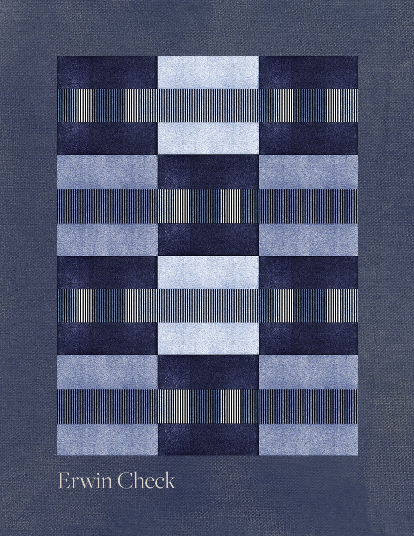 Textile pattern with geometric design on a textured blue background, featuring the brand 'Erwin Check'.