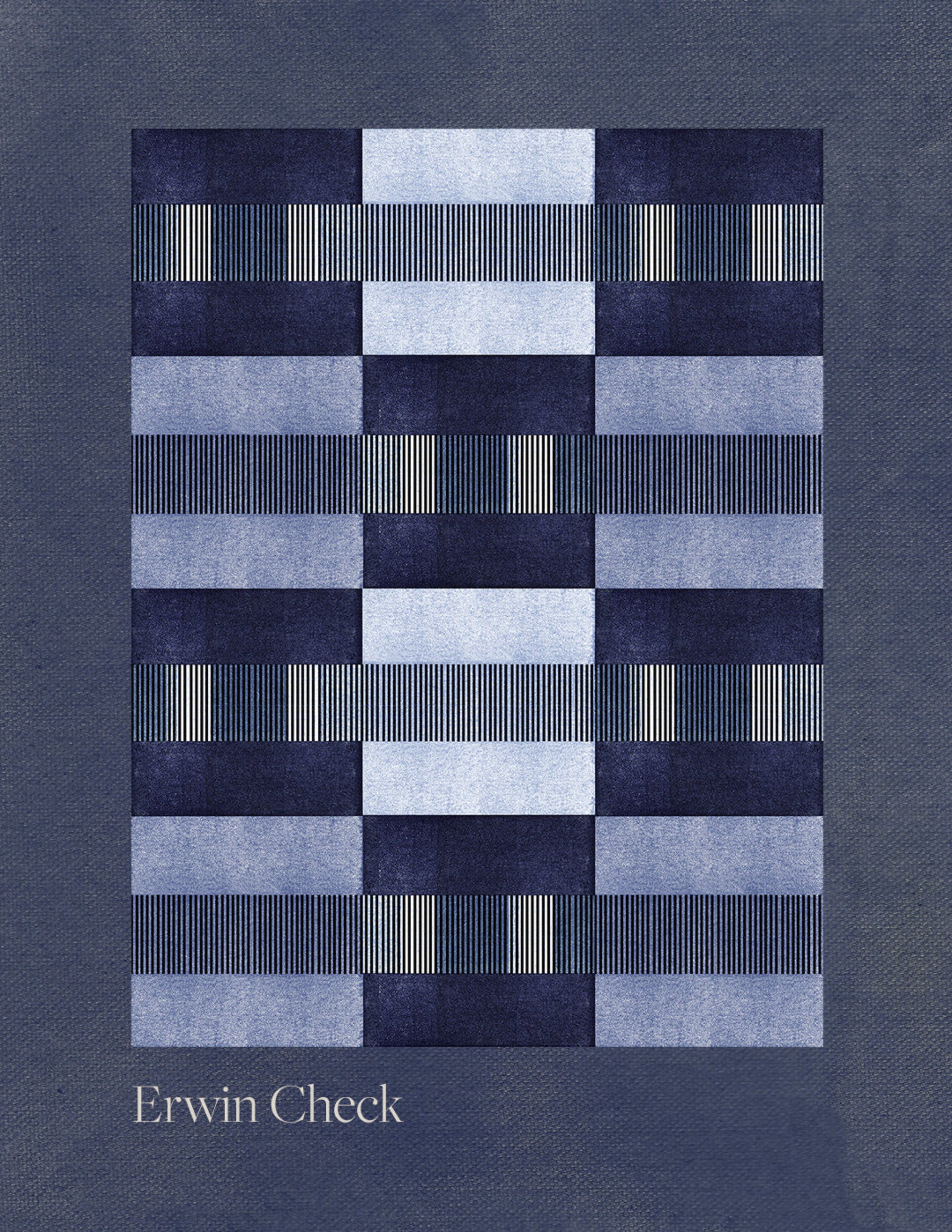 Textile pattern with geometric design on a textured blue background, featuring the brand 'Erwin Check'.